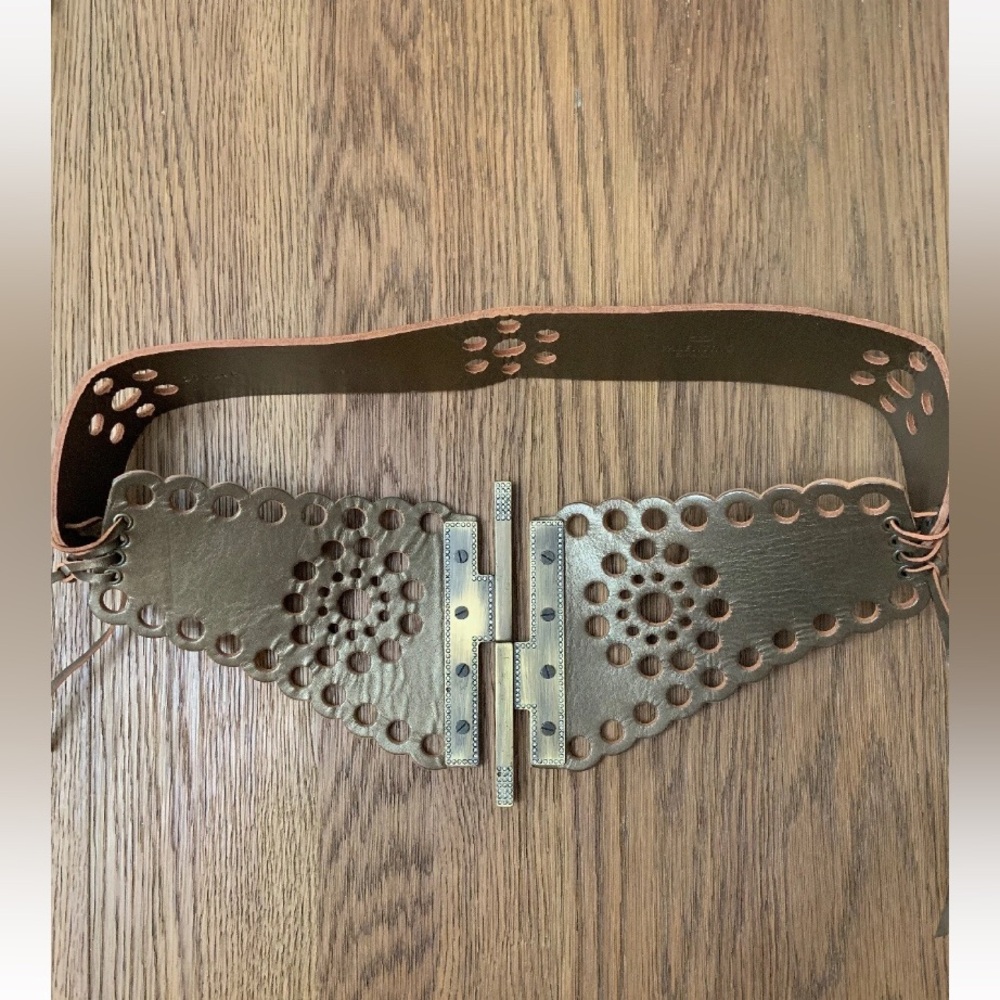 Valentino Garavani Frosted Brown Leather Belt with Metal & Crystals Accents.